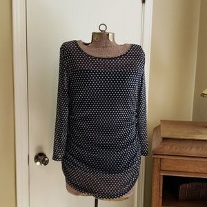 Navy and white polka dot top